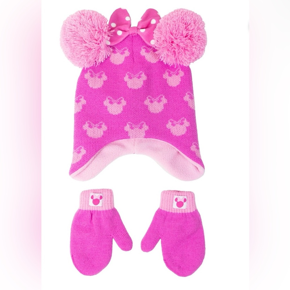 BRAND NEW MINNIE MOUSE TODDLER Knit Beanie Style Hat and Mittens Set, - Picture 2 of 5